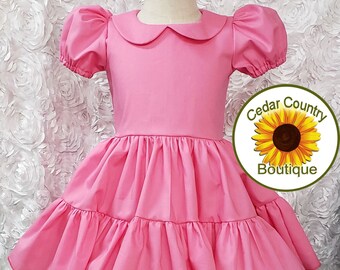 Pretty Pink Puffy Sleeve Dress for Infant Baby Toddler Girl, Beautiful Twirly Square Dance Dress