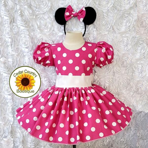 Hot Pink Polka Dot Minnie Mouse Handmade Puffy Sleeve Dress with Ears Halloween Costume Infant Baby Toddler Girl, Minnie Mouse Costume Dress