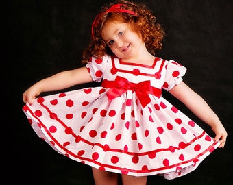 White & Red Polka Dot Shirley Temple Baby Doll Style Short Puffy Sleeve Dress Infant Baby Toddler Girl, Shirley Temple Costume Dress