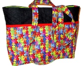 Large Quilted Black, Red, and Bright Color Puzzle Pieces Autism Print Handbag Purse Tote Bag with Puzzle Print Outside Pockets Autism Bag