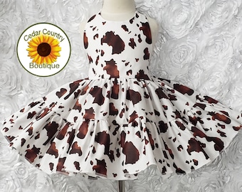 Pony Print Cowgirl Halter Dress with full twirly skirt, Cowgirl Costume Infant Baby Toddler Girl, Cowgirl Cow Costume Dress