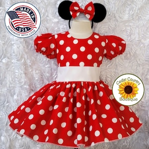Red Polka Dot Minnie Mouse Handmade Puffy Sleeve Dress with Ears Halloween Costume Infant Baby Toddler Girl, Minnie Mouse Costume Dress