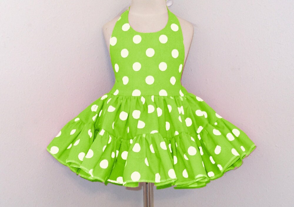 cedarcountryboutique Lime with White Polka Dots Halter Dress with Full Twirly Skirt, Infant Baby Toddler Girl, Sundress Twirly Square Dance Dress