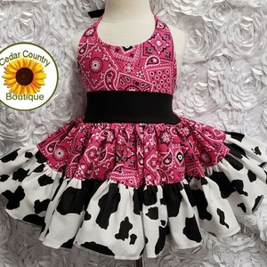 Hot Pink Bandana and Cow Print Cowgirl Halter Dress with full twirly skirt, Cowgirl Infant Baby Toddler Girl, Sundress Birthday Dress
