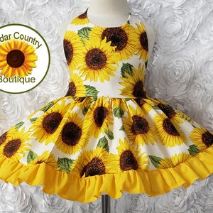 Sweet Sunny Sunflowers Halter Dress with full twirly skirt, Infant Baby Toddler Girl, Summer Sundress Halter Sunflower Print Dress