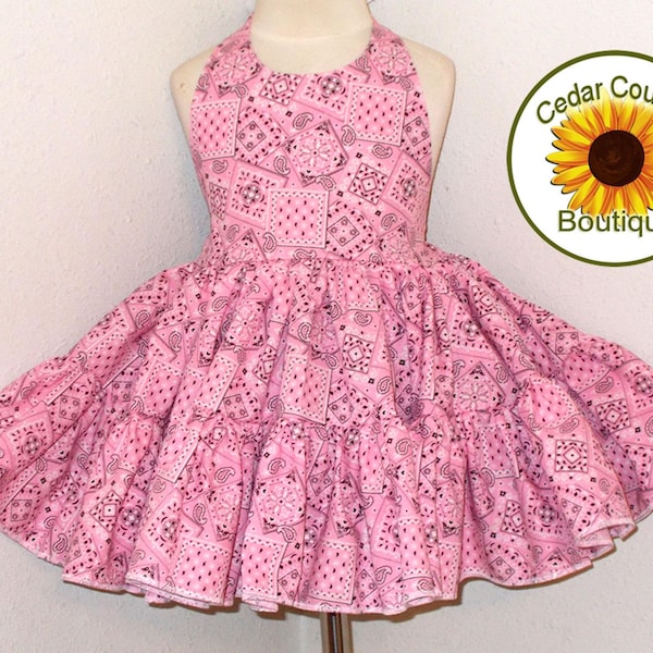 Light Pink Bandana Print Cowgirl Halter Dress with full twirly skirt, Cowgirl Costume Infant Baby Toddler Girl, Cowgirl  Costume Dress