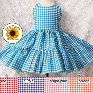 Gingham Twirly Halter Dress Sundress with full ruffled skirt Infant Baby Toddler Girl Square Dance Twirly Dress Summer Pageant Dress