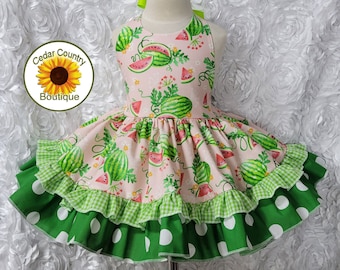 Watermelon Print Halter Dress with full twirly skirt Infant Baby Toddler Girl, Summer Sundress Watermelon Print Dress with Double Ruffle Hem