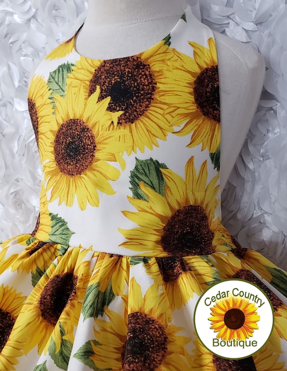 Sweet Sunny Sunflowers Halter Dress with Full Twirly Skirt, Infant Baby Toddler Girl, Summer Sundress Halter Sunflower Print Dress