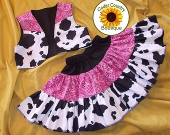 Hot Pink Bandana and Cow Print Vest and Skirt Set.  Infant, Toddler and Girls Cowgirl Costume Set