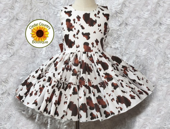 Pony Brown Cow Print Sleeveless Dress with full twirly skirt, Infant Baby Toddler Girl, Pony Brown Cow Print Square Dance Dress