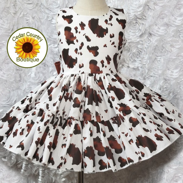 Pony Brown Cow Print Sleeveless Dress with full twirly skirt, Infant Baby Toddler Girl, Pony  Brown Cow Print Square Dance Dress