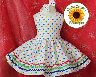 Primary Colors Polka Dot Halter Birthday Dress twirly skirt with ric-rac trim and matching hair bow Infant Baby Toddler Girl Halter Sundress