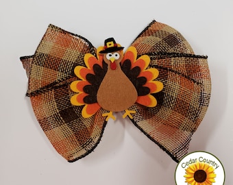 Quirky Turkey Burlap Hair Bow with Funny Turkey 3D Center.  Thanksgiving Hair Bow, Hairbow Turkey Hair Bow