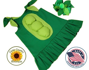 Sweet Pea Infant Baby Toddler Girls Costume Halloween Costume Sweet Pea Peas in a Pod with matching hair bow