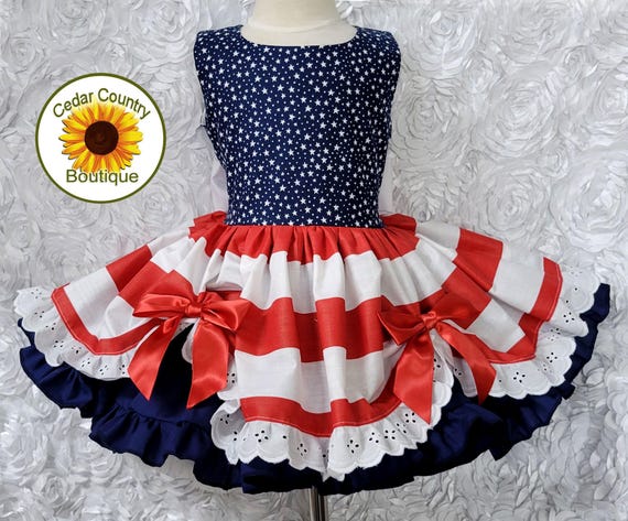 Stars and Stripes 4th of July Baby Infant Toddler Girls Dress, Patriotic Pageant Dress