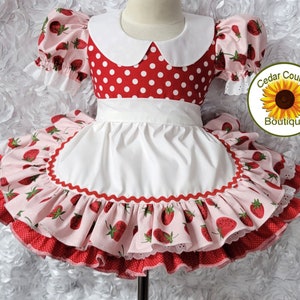 Puff Sleeve Strawberries and Dots Pageant Dress Party Dress with Apron Baby, Infant, Toddler, and Girl&#39;s Sizes Includes Matching Hair Bow