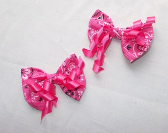 Set of Two Bandana Print Fabric Hair Bows with curl ribbon accents, Cowgirl Hairbows