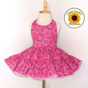 Hot Pink Bandana Print Cowgirl Halter Dress with full twirly skirt, Cowgirl Costume Infant Baby Toddler Girl, Cowgirl  Costume Dress