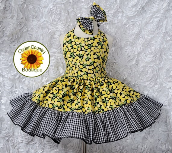 Lemon Print Halter Sundress: Gingham Ruffle, Twirly Skirt & Hairbow