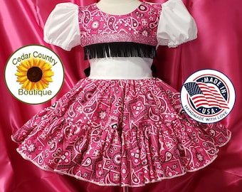 Cute Cowgirl Ruffled Twirly Square Dance Dress Rodeo Princess Costume in Hot Pink Bandana Print. Baby, Infant, Toddler, and Girl Sizes.