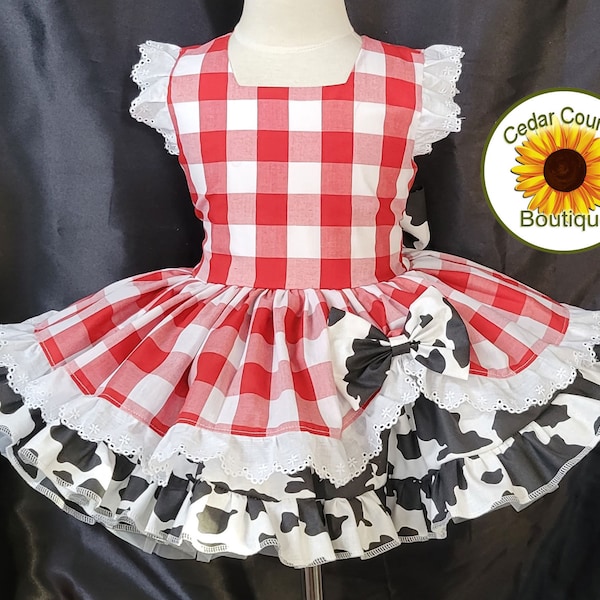 Red Gingham & Cow Print Infant Baby Toddler Girls Summer Dress with eyelet trim skirt and cow print full underskirt. Birthday Pageant Dress