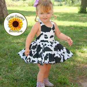 Cow Print Cowgirl Halter Dress with full twirly skirt, Cowgirl Costume Infant Baby Toddler Girl, Cowgirl Cow Costume Dress