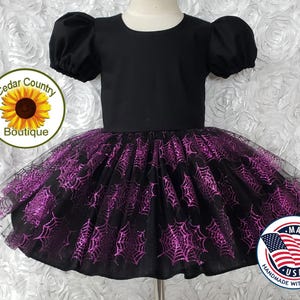 Glitter Spider Web Dress with Puff Sleeves Halloween Costume Pageant Dress Infant Toddler Girl&#39;s Sweet Purple Glitter Spider Web Skirt Dress