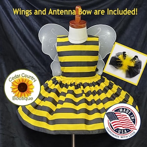Bumble Bee Sleeveless Dress Halloween Costume Infant Baby Toddler Girl, Bumblebee Costume Dress with wings & Bow