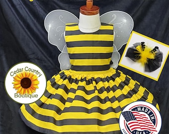 Bumblebee Costume Dress, Wings and Antenna Bow, Infant Toddler Girl