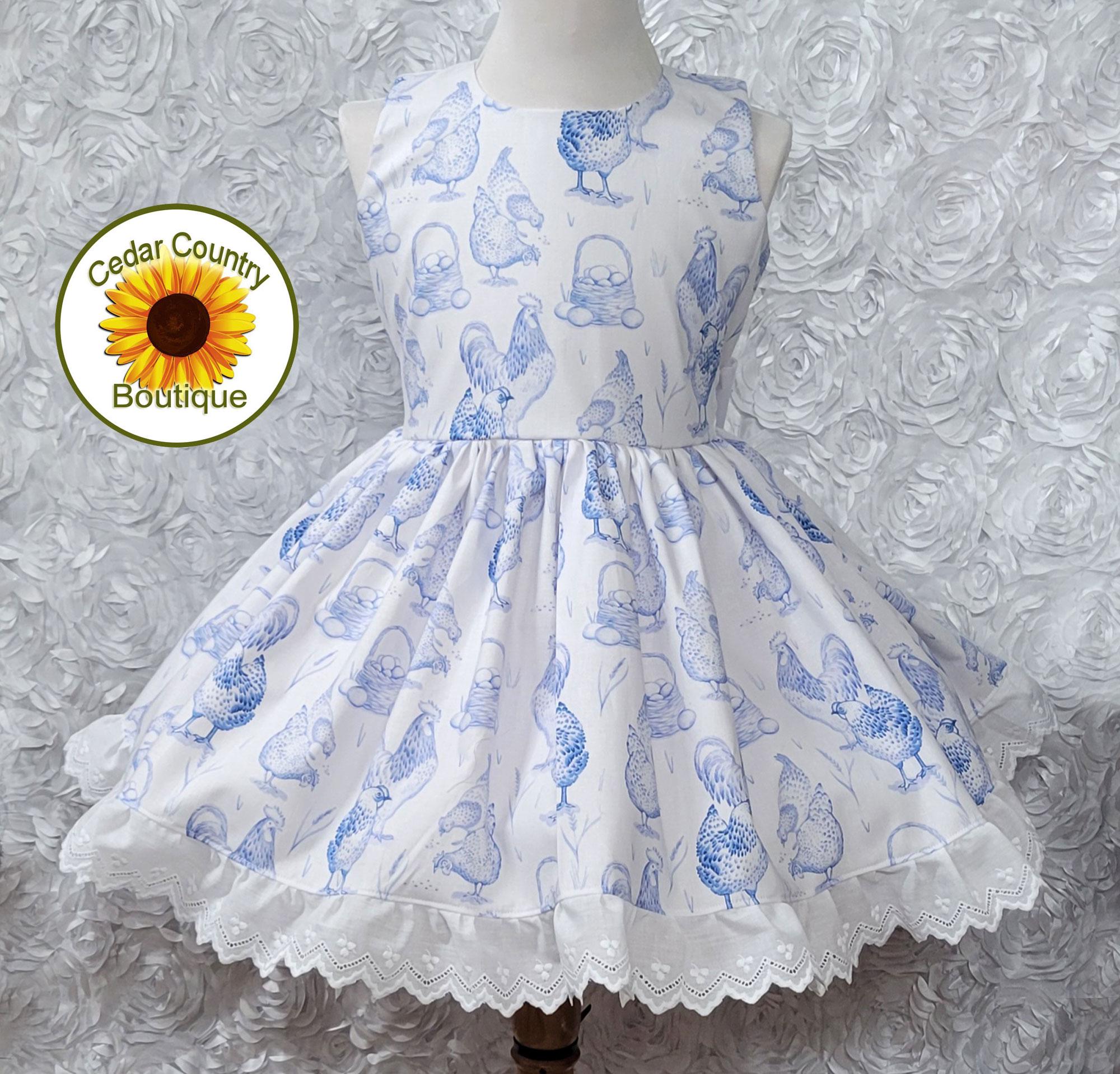 Sleeveless Toile Chicken Dress with full twirly skirt, Infant Baby Toddler Girl, Summer Sundress Toile Chicken Farm Print Pageant Dress