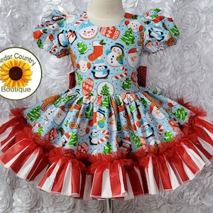 Christmas Cookie Print Puff Sleeve Dress with Red and White Stripe Hem and Red Organdy Ruffles.  Baby Toddler Girl's Christmas Dress