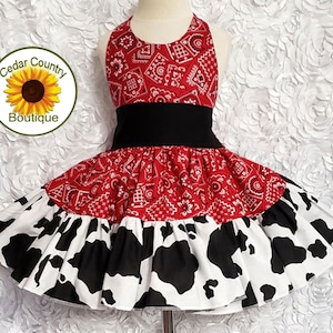 Red Bandana and Cow Print Cowgirl Halter Dress with full twirly skirt, Cowgirl Infant Baby Toddler Girl, Sundress Square Dance Dress