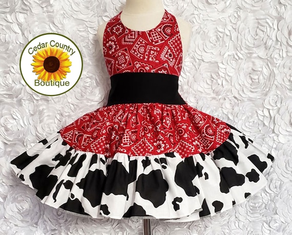 Red Bandana and Cow Print Cowgirl Halter Dress with full twirly skirt, Cowgirl Infant Baby Toddler Girl, Sundress Square Dance Dress