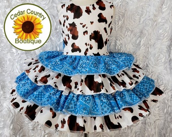 Baby, Infant, Toddler Girls Brown Pony Cow Print and Bandana Ruffled Dress with Tie Back Sash Barnyard Birthday Dress Cowgirl Dress