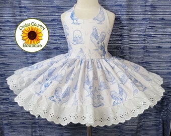 Toile Chicken Halter Dress with full twirly skirt, Infant Baby Toddler Girl, Summer Sundress Toile Chicken Farm Print Dress