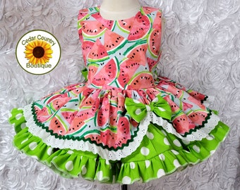 Sleeveless Summer Watermelons and Polka Dots Pageant Dress Party Dress. Baby, Infant, Toddler, and Girl's Sizes Includes Matching Hair Bow