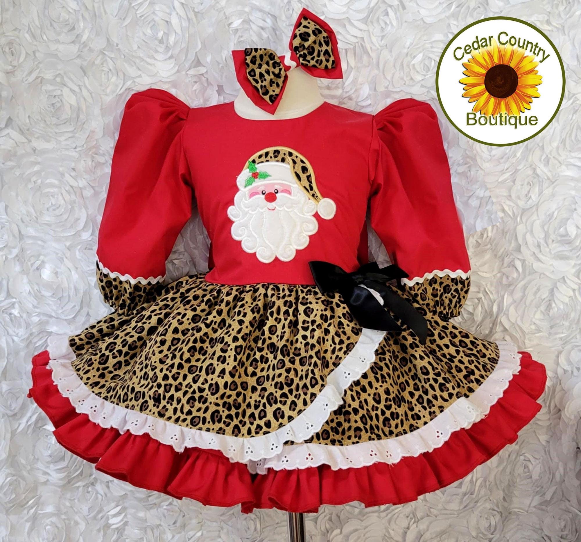 Leopard Santa Holiday Long Sleeve Dress With Pullup Eyelet Trimmed