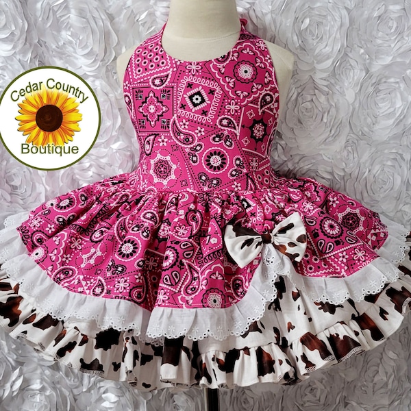 Hot Pink Bandana & Cow Print Infant Baby Toddler Girls Summer Halter Dress with eyelet trim skirt and full underskirt Birthday Pageant Dress