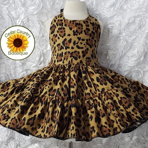 Leopard Print Twirly Halter Dress with full twirly skirt, Leopard Dress Costume Infant Baby Toddler Girl, Leopard Print Square Dance Dress