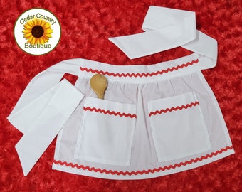 Child size Waist apron with pockets and ric-rac trim.  Baby, Infant, Toddler and Girl&#39;s Apron