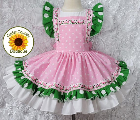 Pink and Green Polka Dot Watermelon Festival Dress with Puff Sleeves and Full Skirt Baby Toddler Girl's Easter Pageant Dress Comes with Bow