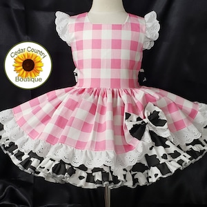 Pink Gingham & Cow Print Infant Baby Toddler Girls Summer Dress with eyelet trim skirt and cow print full underskirt. Birthday Pageant Dress