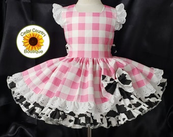 Pink Gingham & Cow Print Infant Baby Toddler Girls Summer Dress with eyelet trim skirt and cow print full underskirt. Birthday Pageant Dress