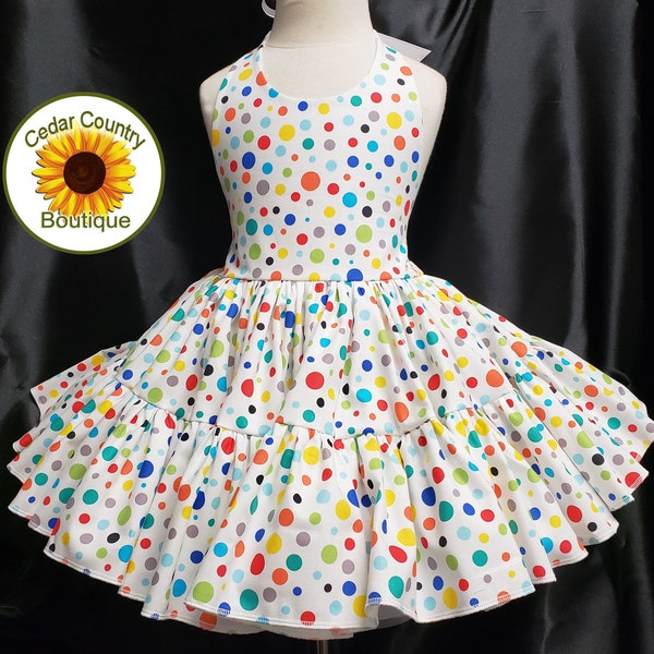 Bright Dots Halter Dress with full twirly skirt, Polka Dot Infant Baby Toddler Girl, Birthday Sundress