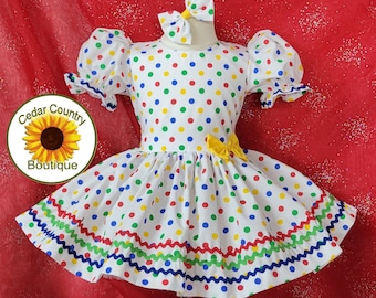 Baby Infant Toddler Girls Retro Bright Primary Color Dot Birthday Pageant Dress with Ric-Rac Trim and Matching Hair Bow
