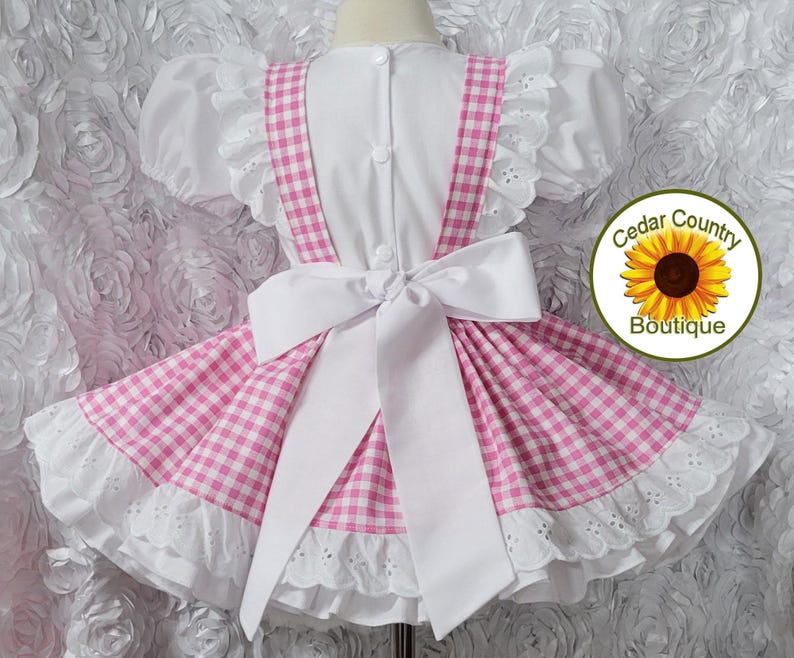 Pink Gingham Dress with Puff Sleeves and full skirt with Eyelet trim Baby Toddler Girl's Pink Gingham Country Pageant Dress comes with bow bild 2