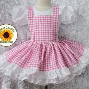 Pink Gingham Dress with Puff Sleeves and full skirt with Eyelet trim Baby Toddler Girl's Pink Gingham Country Pageant Dress comes with bow bild 1