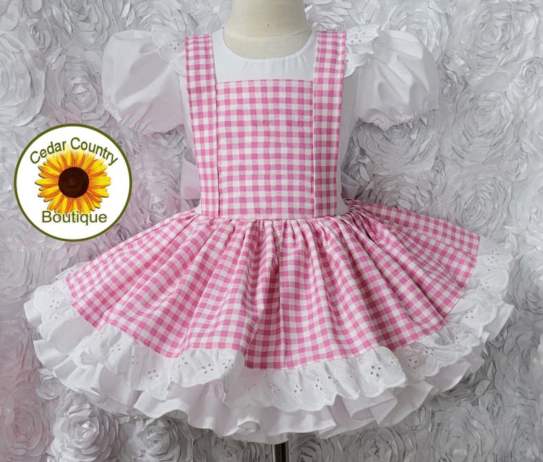 Pink Gingham Dress with Puff Sleeves and full skirt with Eyelet trim Baby Toddler Girl's Pink Gingham Country Pageant Dress comes with bow bild 1