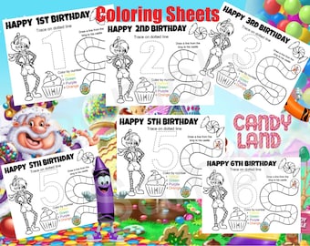May include: Six printable coloring pages featuring a cartoon character in a candy land theme. Each page has a number from 1 to 6 with a dotted line to trace and a path to color by number. The pages are titled "Happy 1st Birthday" through "Happy 6th Birthday".